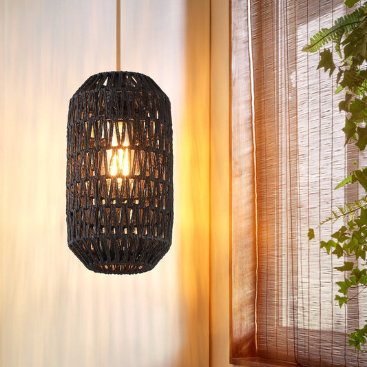 Cinkeda Pendant Light Black Rattan Adjustable Power Cord