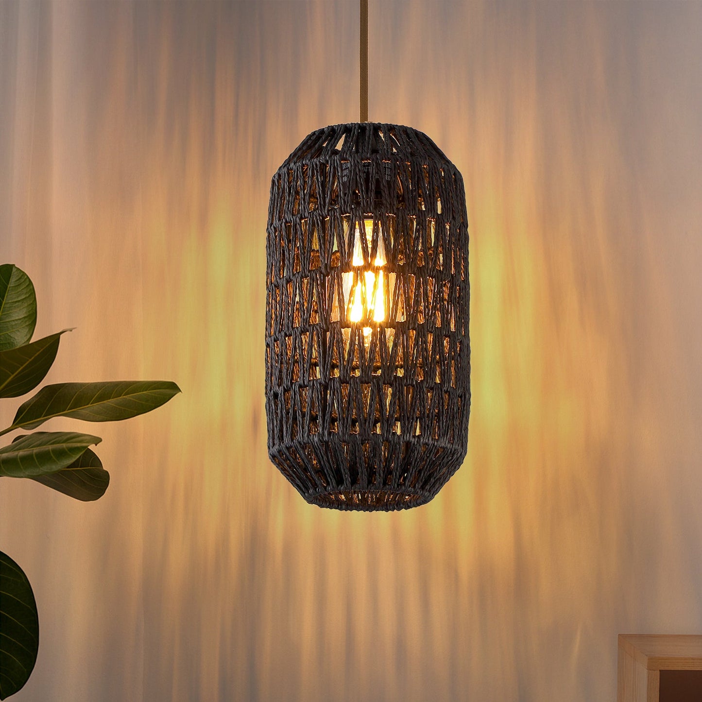 Cinkeda Pendant Light Black Rattan Adjustable Power Cord