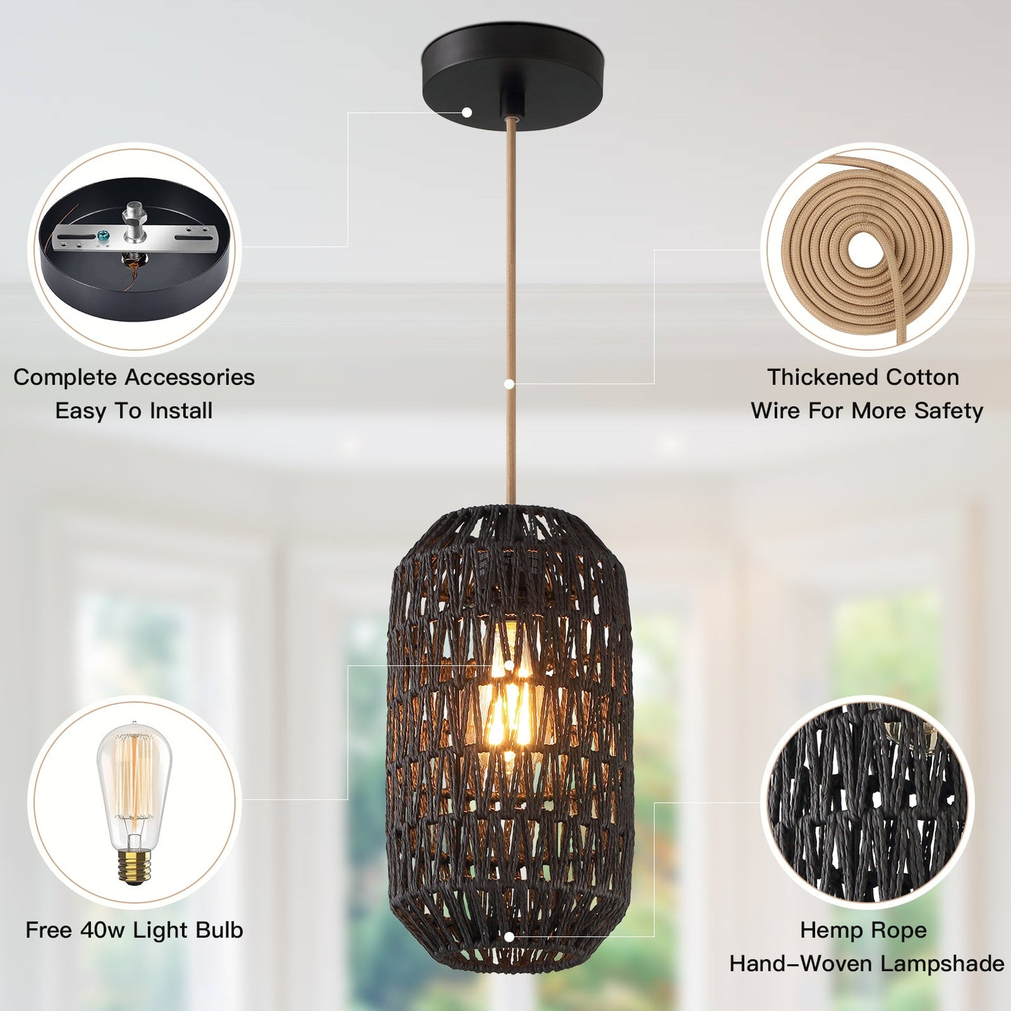 Cinkeda Pendant Light Black Rattan Adjustable Power Cord
