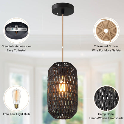 Cinkeda Pendant Light Black Rattan Adjustable Power Cord