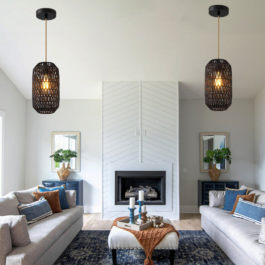 Cinkeda Pendant Light Black Rattan Adjustable Power Cord