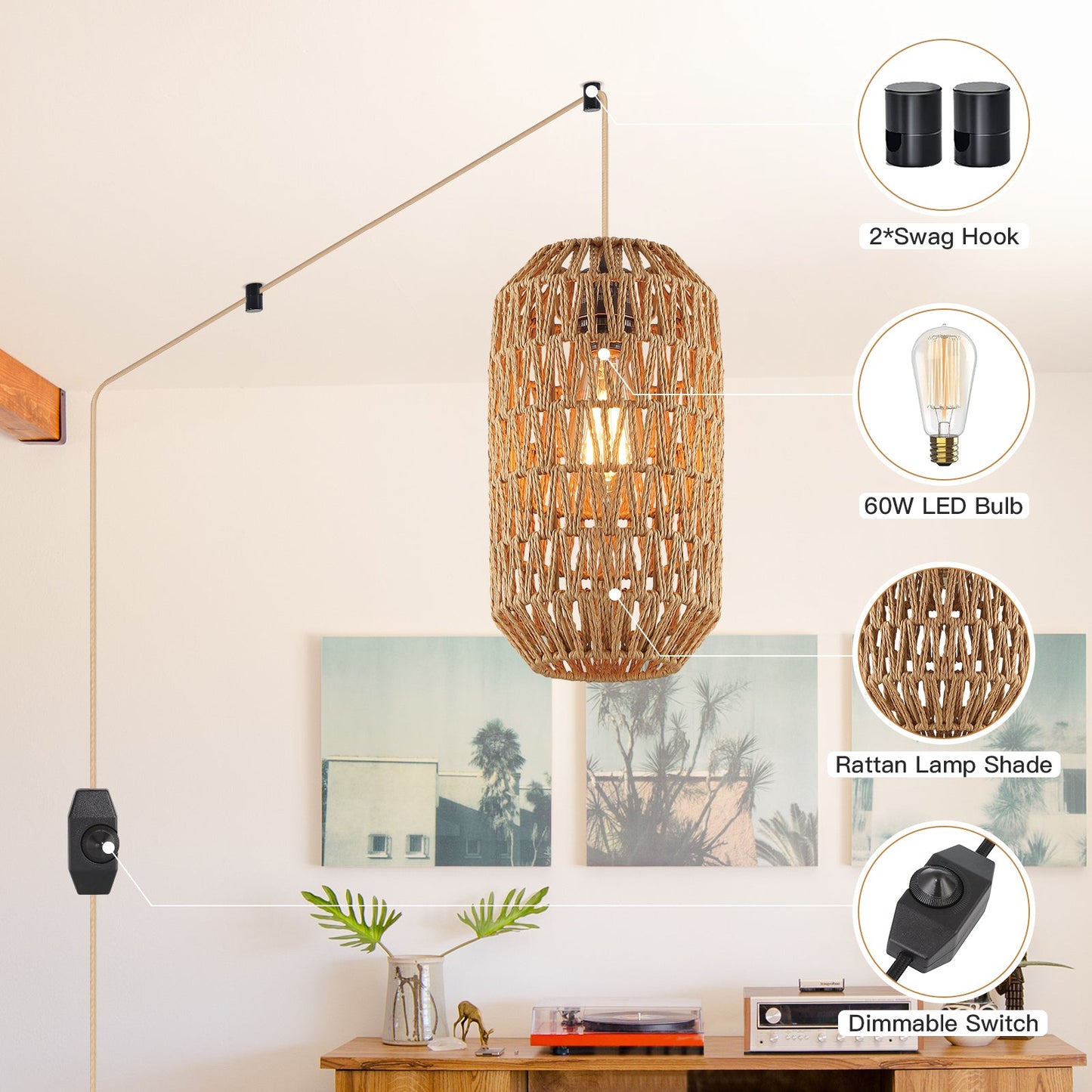 Cinkeda Pendant Light Brown Rattan Rotary Switch Stepless Dimming