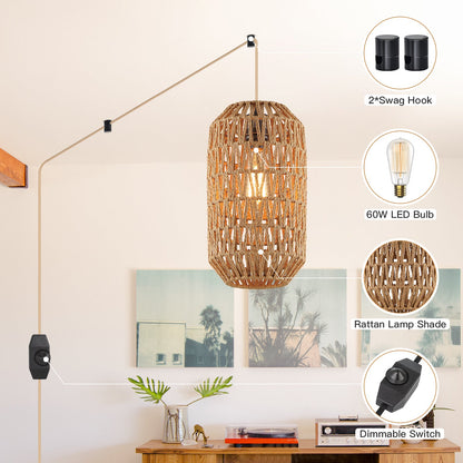 Cinkeda Pendant Light Brown Rattan Rotary Switch Stepless Dimming