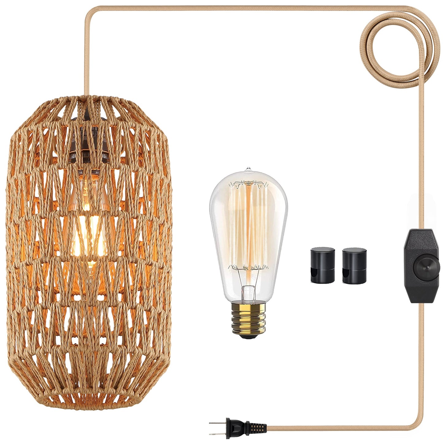 Cinkeda Pendant Light Brown Rattan Rotary Switch Stepless Dimming