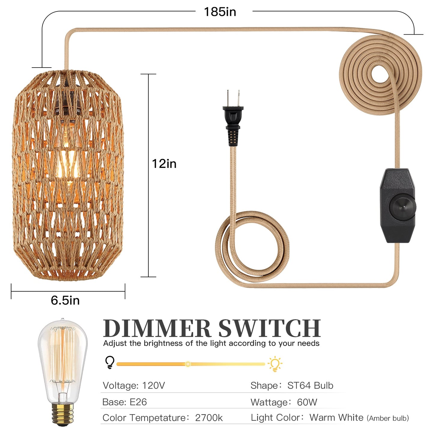 Cinkeda Pendant Light Brown Rattan Rotary Switch Stepless Dimming