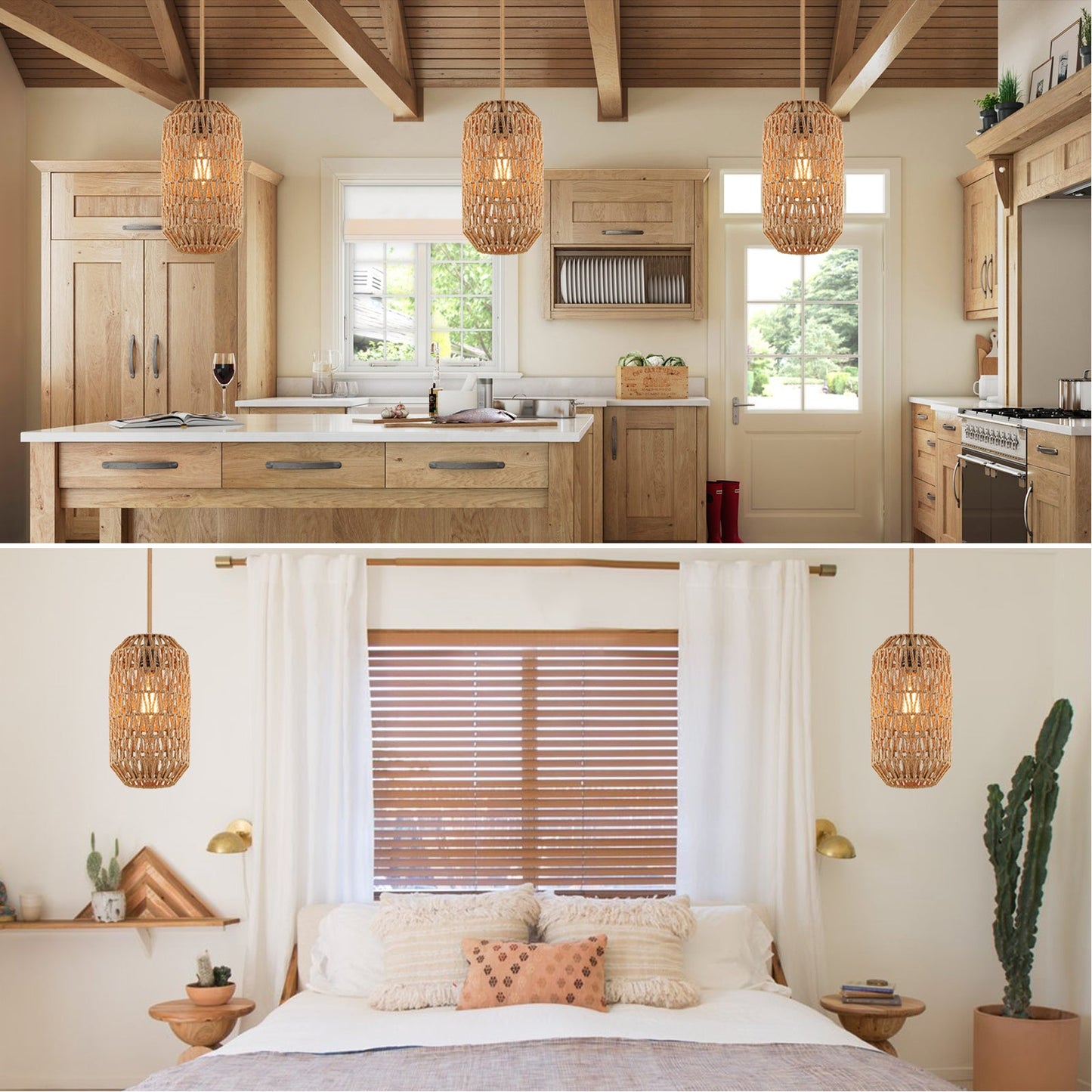 Cinkeda Pendant Light Brown Rattan Rotary Switch Stepless Dimming
