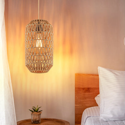 Cinkeda Pendant Light Brown Rattan Rotary Switch Stepless Dimming