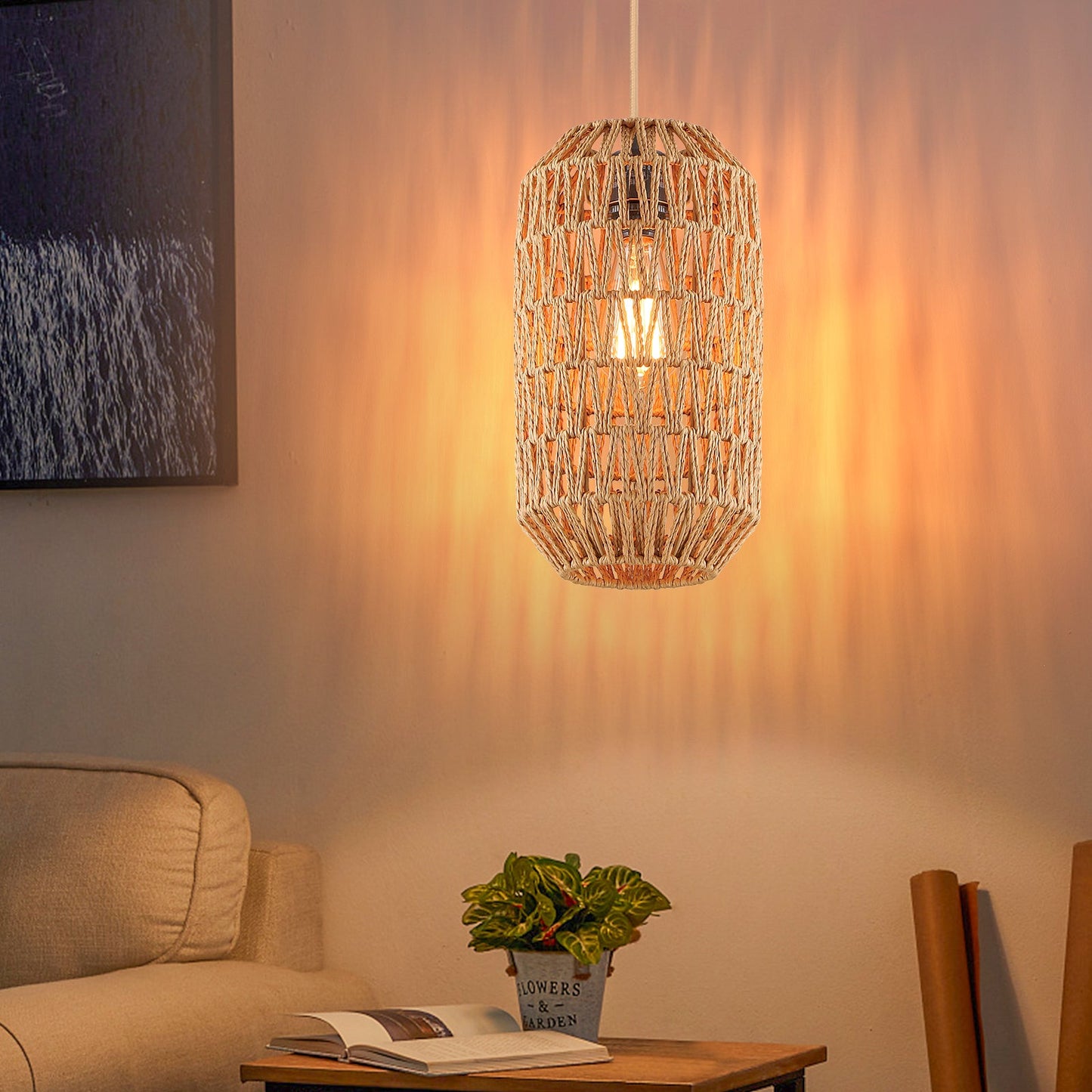 Cinkeda Pendant Light Brown Rattan Rotary Switch Stepless Dimming