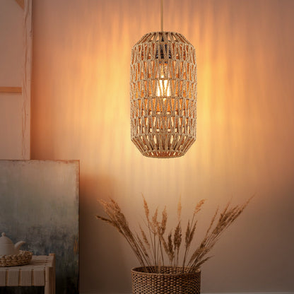 Cinkeda Pendant Light Brown Rattan Rotary Switch Stepless Dimming