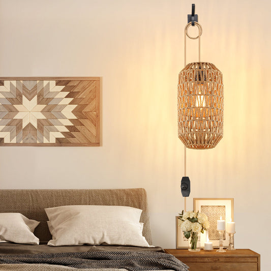 Cinkeda Pendant Light Brown Rattan Rotary Switch Stepless Dimming