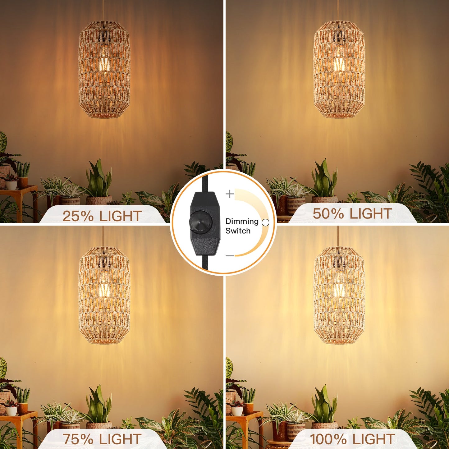 Cinkeda Pendant Light Brown Rattan Rotary Switch Stepless Dimming
