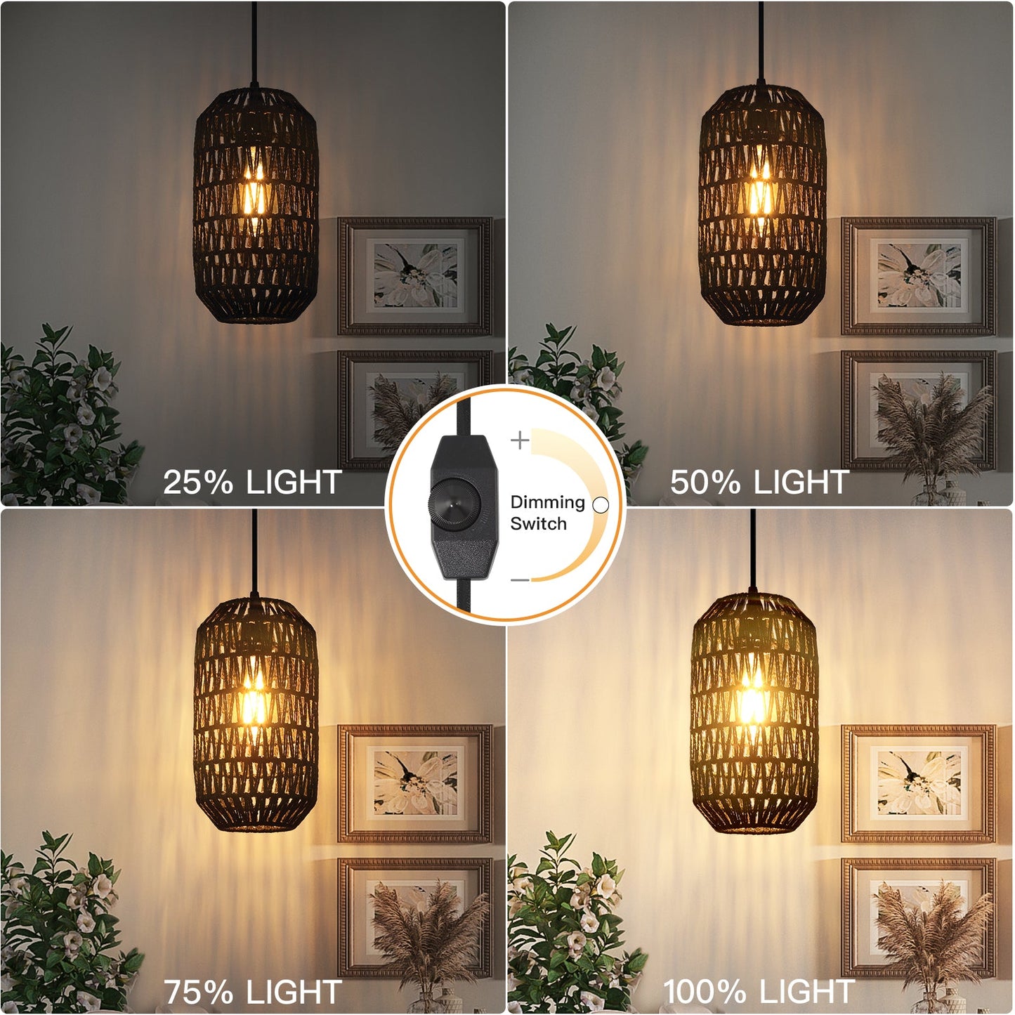 Cinkeda Pendant Light Black Rattan Rotary Switch Stepless Dimming