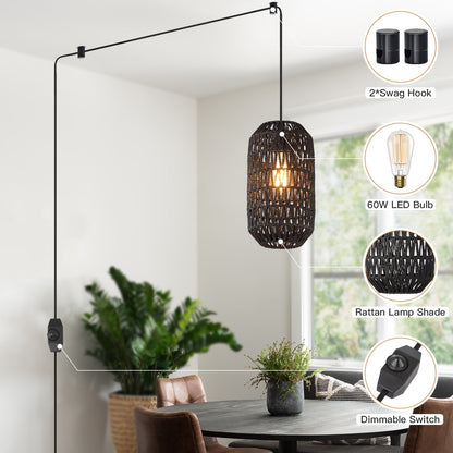 Cinkeda Pendant Light Black Rattan Rotary Switch Stepless Dimming