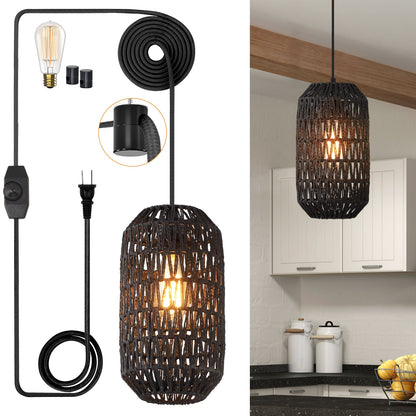 Cinkeda Pendant Light Black Rattan Rotary Switch Stepless Dimming