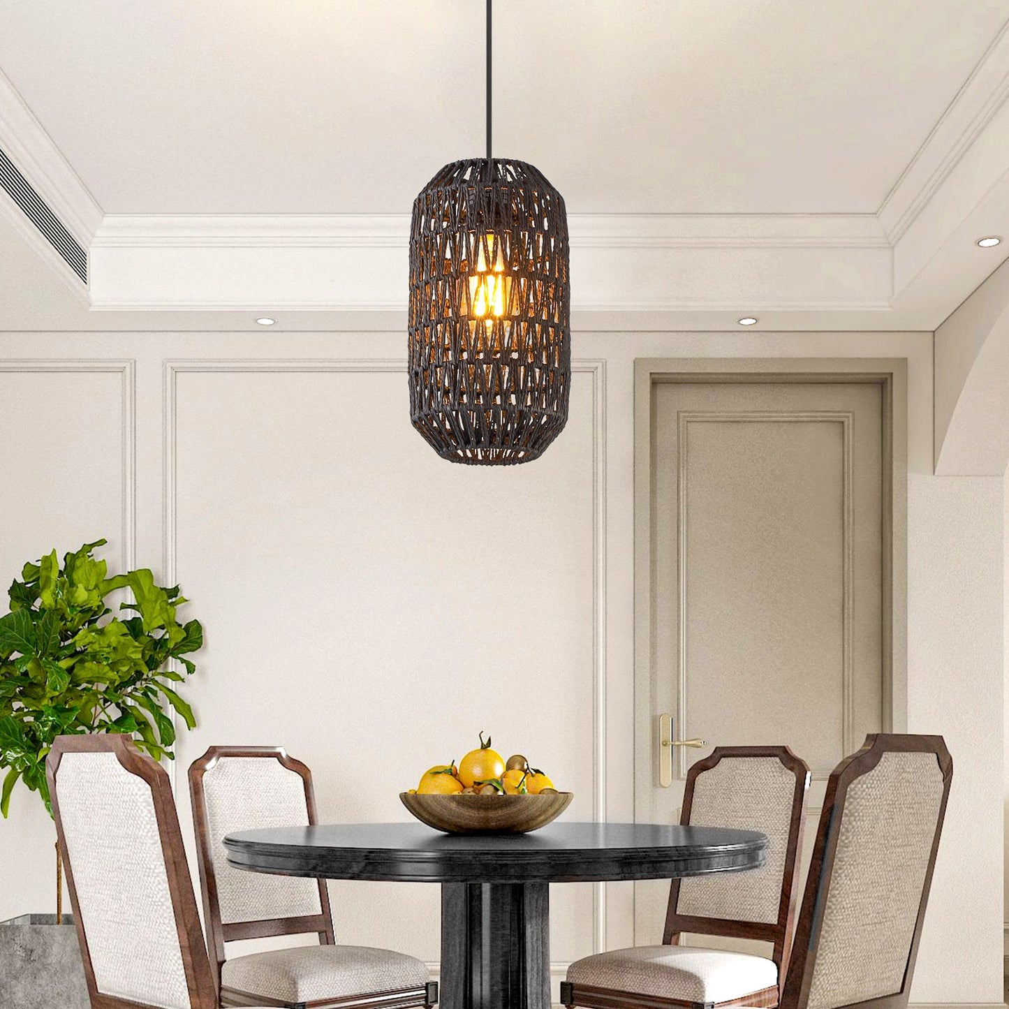 Cinkeda Pendant Light Black Rattan Rotary Switch Stepless Dimming