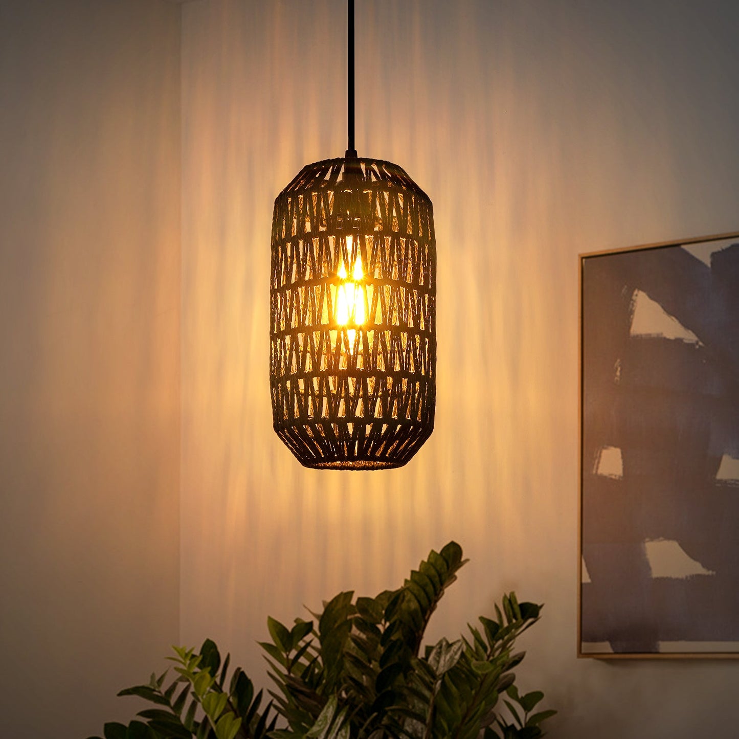 Cinkeda Pendant Light Black Rattan Rotary Switch Stepless Dimming