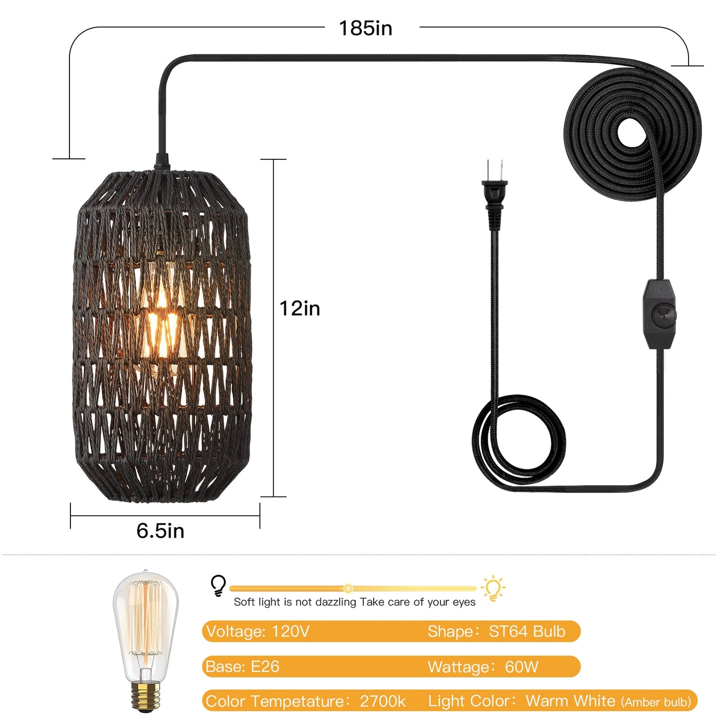 Cinkeda Pendant Light Black Rattan Rotary Switch Stepless Dimming