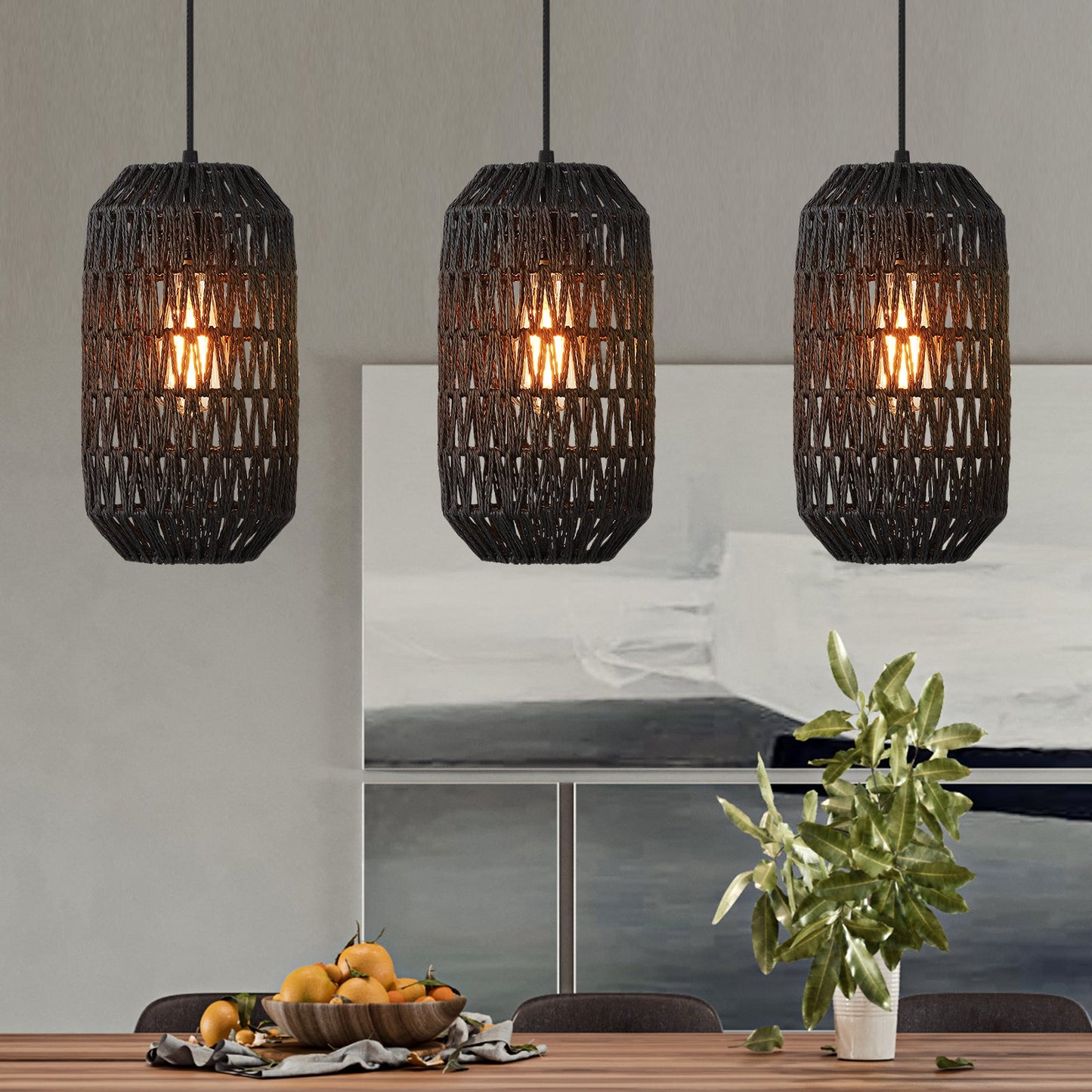 Cinkeda Pendant Light Black Rattan Rotary Switch Stepless Dimming