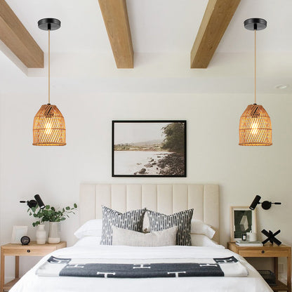Pendant Light Adjustable Height Brown Rattan Textile Power Cord