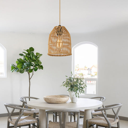 Pendant Light Adjustable Height Brown Rattan Textile Power Cord