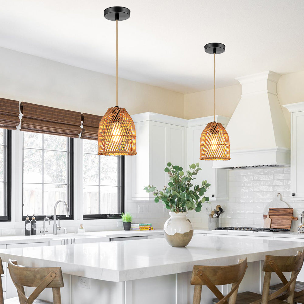 Pendant Light Adjustable Height Brown Rattan Textile Power Cord
