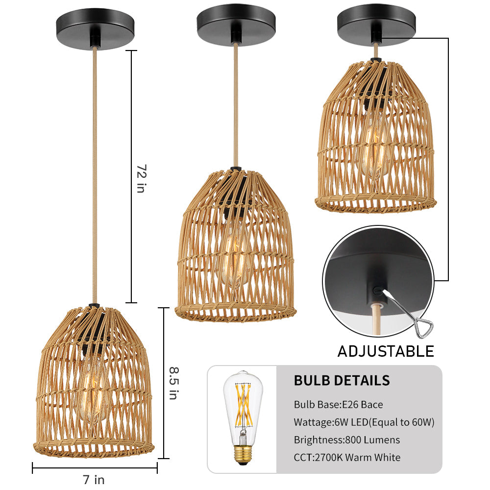 Pendant Light Adjustable Height Brown Rattan Textile Power Cord