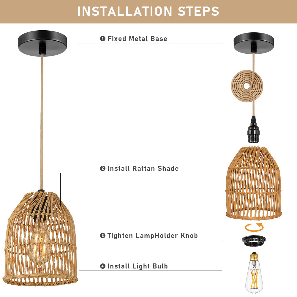 Pendant Light Adjustable Height Brown Rattan Textile Power Cord