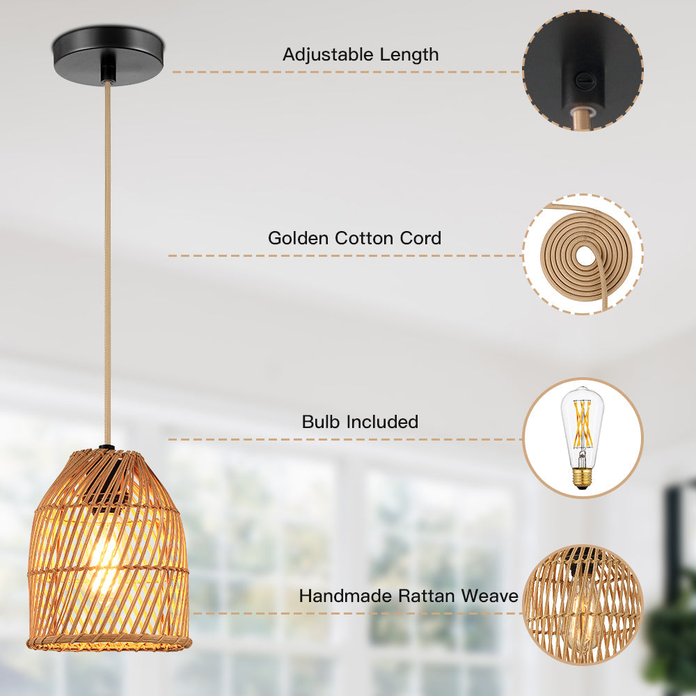 Pendant Light Adjustable Height Brown Rattan Textile Power Cord