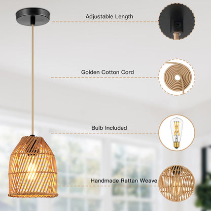 Pendant Light Adjustable Height Brown Rattan Textile Power Cord