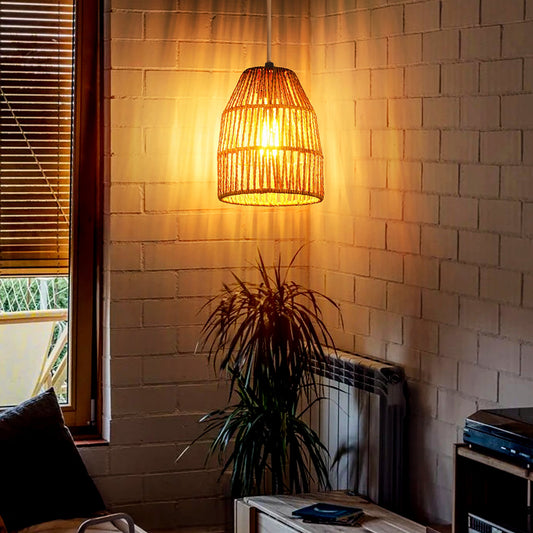 Pendant Light Brown Rattan Hollow Dome Shade Rotary Stepless Dimming