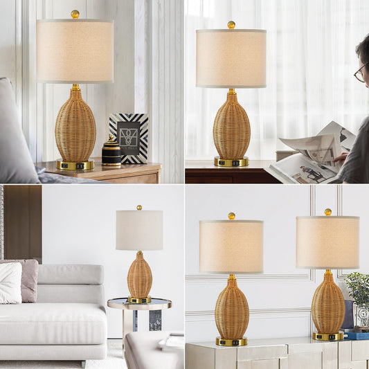 Brown Natural Rattan Table Lamp with Touch Dimmer and USB Port (Set of 2)