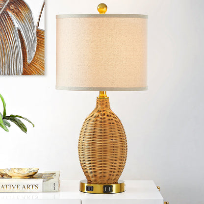 Brown Natural Rattan Table Lamp with Touch Dimmer and USB Port (Set of 2)